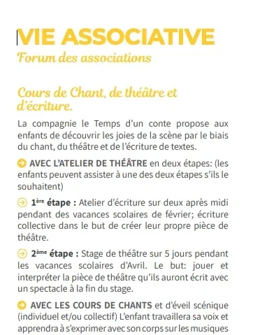 Extrait du bulletin municipal de Croignon présentant les ateliers de chant, théâtre et écriture de la compagnie Le Temps d'un Conte en 2018.