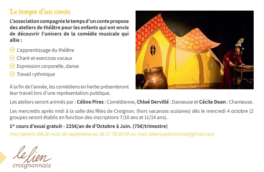Extrait du bulletin municipal de Croignon présentant les ateliers de théâtre et comédie musicale de la compagnie Le Temps d'un Conte en 2017.