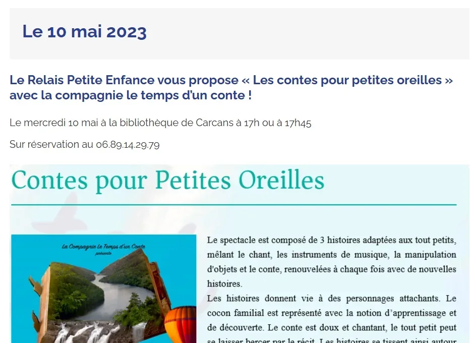 Capture de l'annonce de la Ville de Carcans pour Contes pour petites oreilles, présenté le 10 mai 2023 à la bibliothèque.
