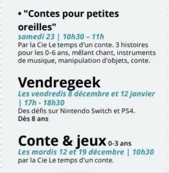 Extrait de Fréquence Cenon annonçant Contes pour petites oreilles et les séances Conte et jeux de décembre 2023.