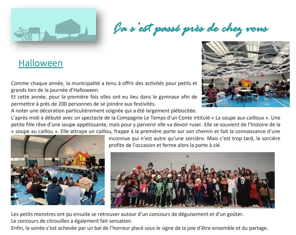 Extrait du bulletin de Saint-Louis-de-Montferrand consacré au spectacle La Soupe au Caillou lors des festivités d'Halloween 2022.