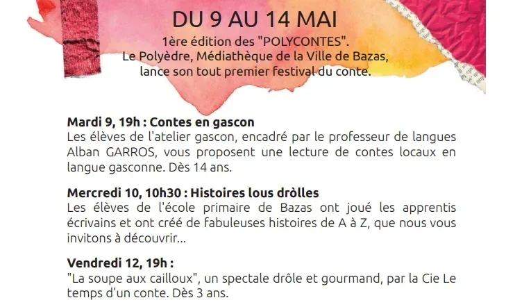 Extrait du programme du festival Polycontes annonçant La Soupe au Caillou le 12 mai à la Médiathèque de Bazas.