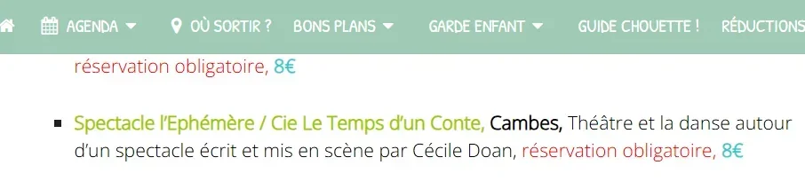 Extrait de l'agenda Enfant Bordeaux annonçant le spectacle L'Éphémère de la compagnie Le Temps d'un Conte à Cambes en juin 2021.
